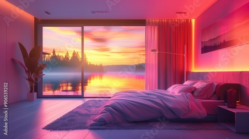 Interior view of vacation house with scenic lake view at sunset