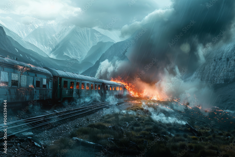 Fototapeta premium A dramatic scene of a train engulfed in flames amidst a foggy mountain landscape, creating a tense and catastrophic atmosphere.