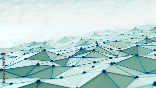 Futuristic hight technology background with connected glowing spheres. Virtual polygonal shape as global network system concept. 3D rendering.