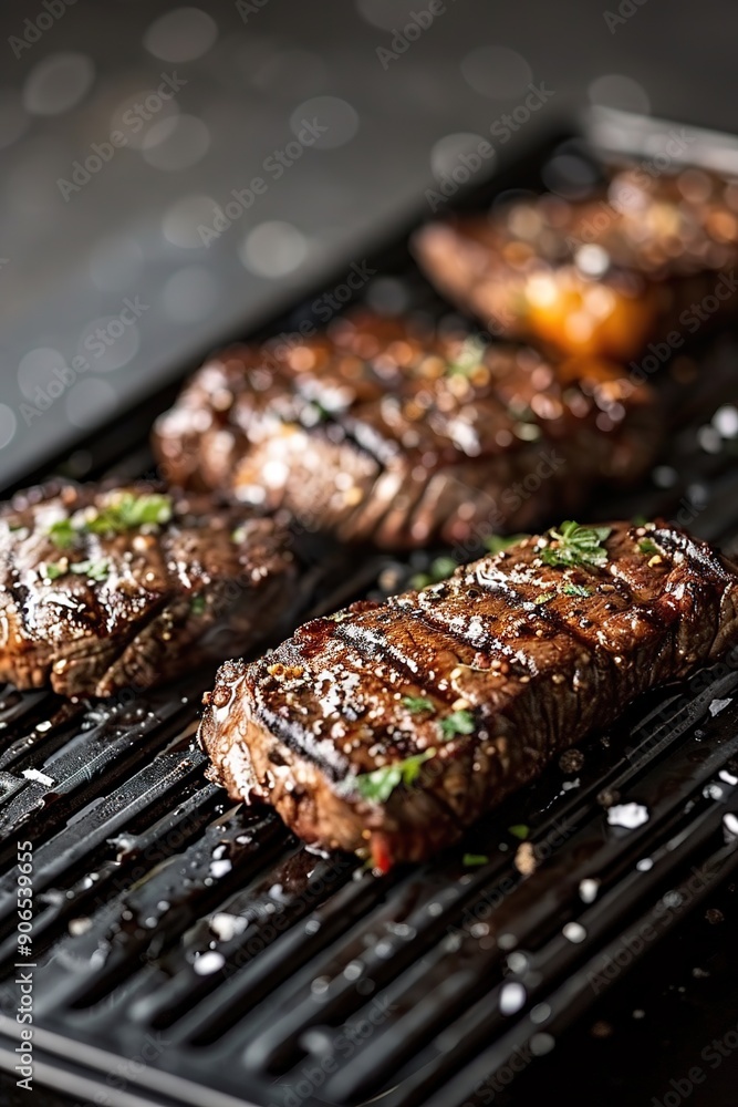 Grilled steaks on barbeque with spices and herbs Grilled steaks on barbeque with spices and herbs