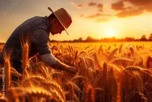 A man gently picks up ripe ears on a wheat field in the sunset rays.