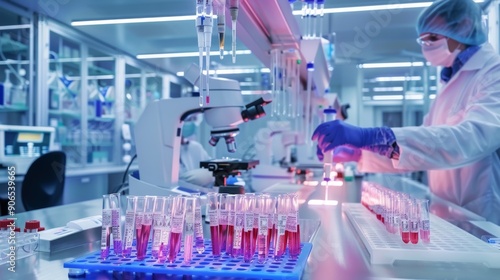 Lab Scientists at Work: A sterile laboratory setting with scientists conducting experiments, using microscopes and handling vials of liquid. Emphasizing precision, innovation, and scientific explorati photo