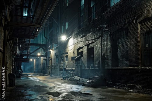 A dark and wet alley with old brick buildings, dim lights, and a moody atmosphere. photo