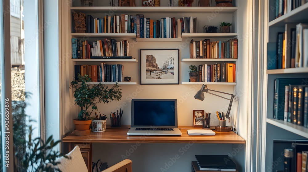 A small home office setup in a cozy nook, featuring a built-in desk with storage shelves above. The desk holds a laptop, a few decorative items, and a desk lamp. The surrounding shelves are filled wit A small home office setup in a cozy nook, featuring a built-in desk with storage shelves above. The desk holds a laptop, a few decorative items, and a desk lamp. The surrounding shelves are filled wit