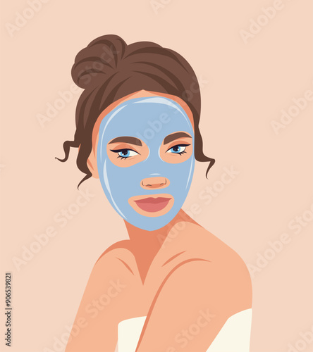 Facial skin care, girl in a mask. Facial cleansing, toning, cream mask. A beautiful woman takes care of her facial skin. Vector flat illustration for advertising, website, banner, posters, cover