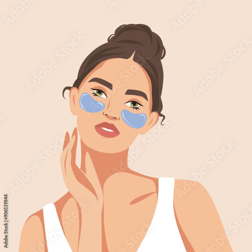 Facial skin care, girl with patches on face for swelling. A beautiful woman takes care of her facial skin. Vector flat illustration for advertising, website, banner, posters, cover