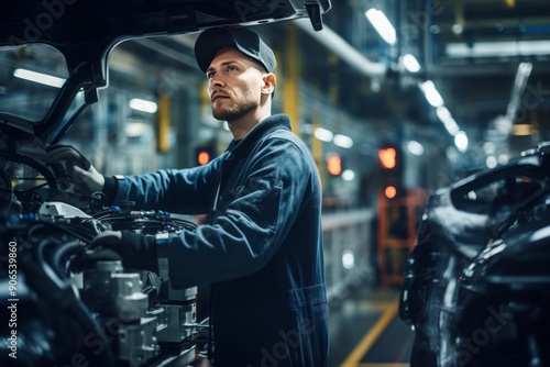 Confident worker skillfully operating high-tech machinery in a modern automotive manufacturing setting