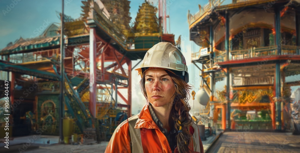 Obraz premium Woman in Protective Gear and Helmet Working on Oilfield Construction Site.Generated image