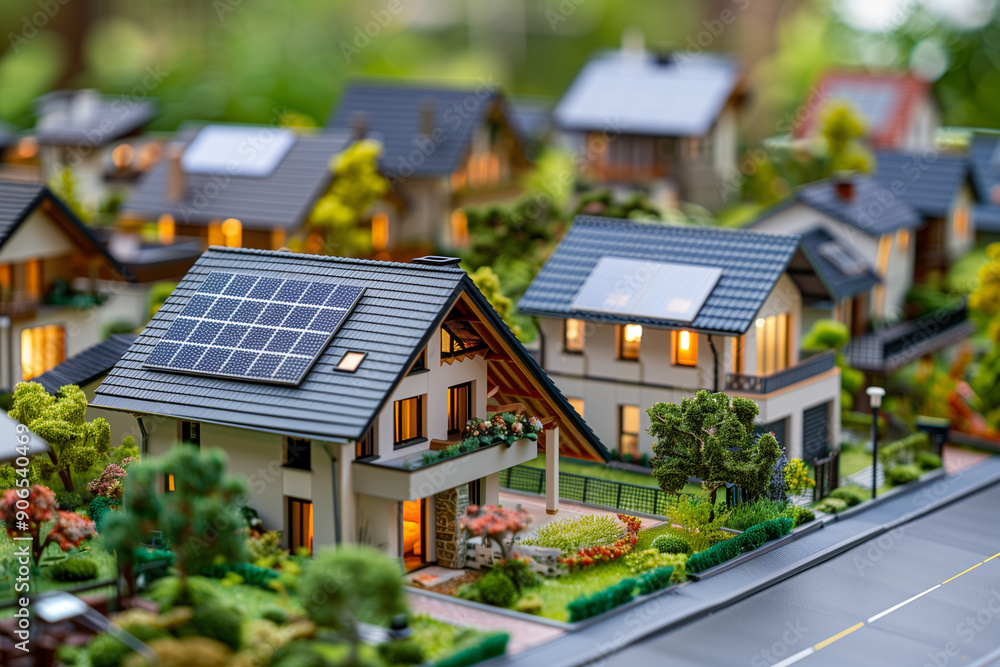 Miniature model of housing with solar panels on the roof Miniature model of housing with solar panels on the roof