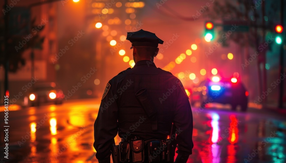 Police Officer Standing on Wet Street at Night With Blurry Lights in Background Police Officer Standing on Wet Street at Night With Blurry Lights in Background