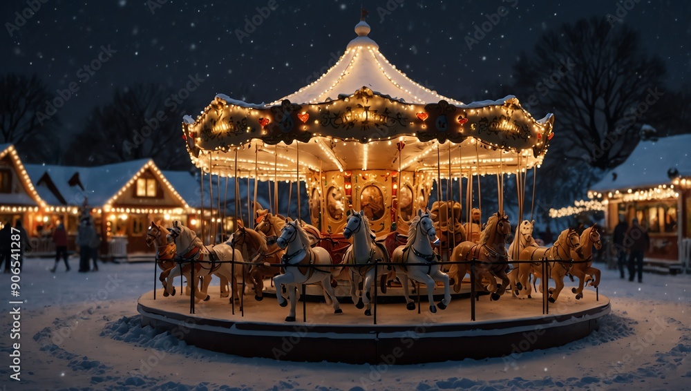 A carousel with horses lit up at night, covered in snow with people walking around. A carousel with horses lit up at night, covered in snow with people walking around.