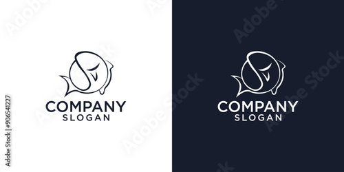 Fish and sea waves in circle shape - concept logo vector illustration. Salmon fish blue icon emblem. Creative graphic sign.
