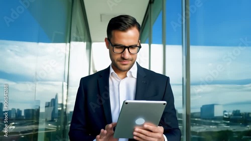 A business professional walking through a glass hallway, holding a tablet. photo