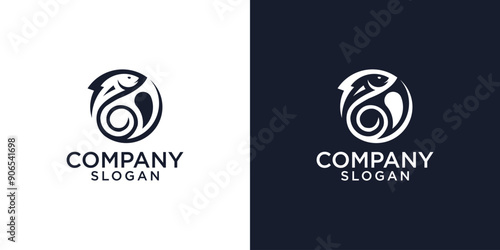 Fish and sea waves in circle shape - concept logo vector illustration. Salmon fish blue icon emblem. Creative graphic sign.
