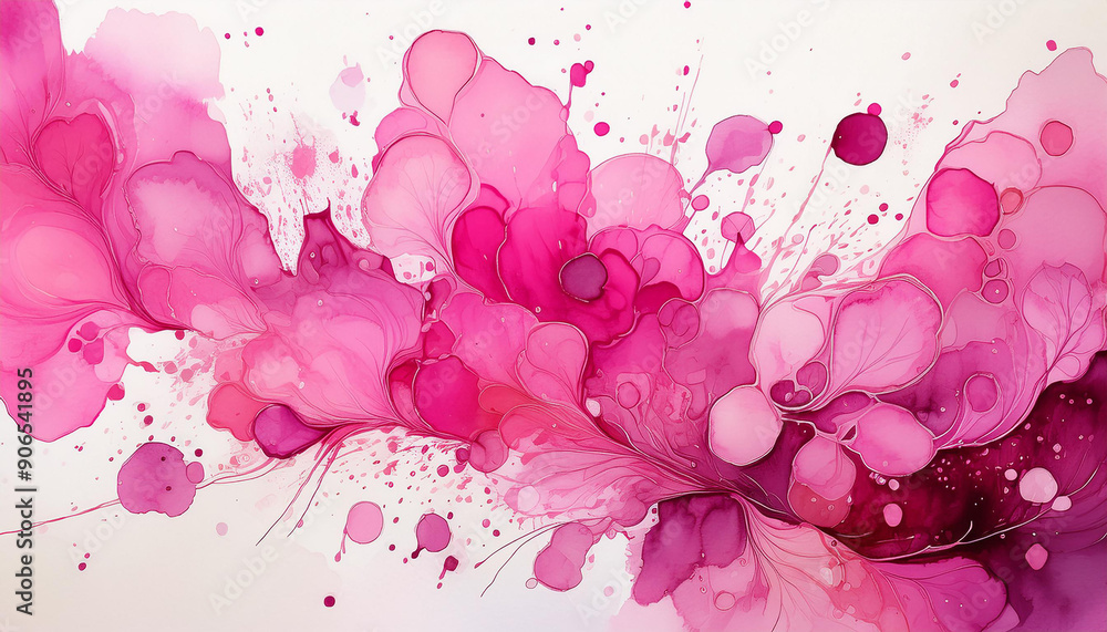 Abstract art piece with pink ink drops splattered on white background, beauty of artistic expression Abstract art piece with pink ink drops splattered on white background, beauty of artistic expression