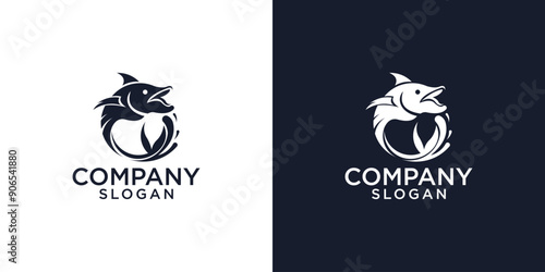 Fish and sea waves in circle shape - concept logo vector illustration. Salmon fish blue icon emblem. Creative graphic sign.
