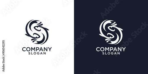 Fish and sea waves in circle shape - concept logo vector illustration. Salmon fish blue icon emblem. Creative graphic sign.

