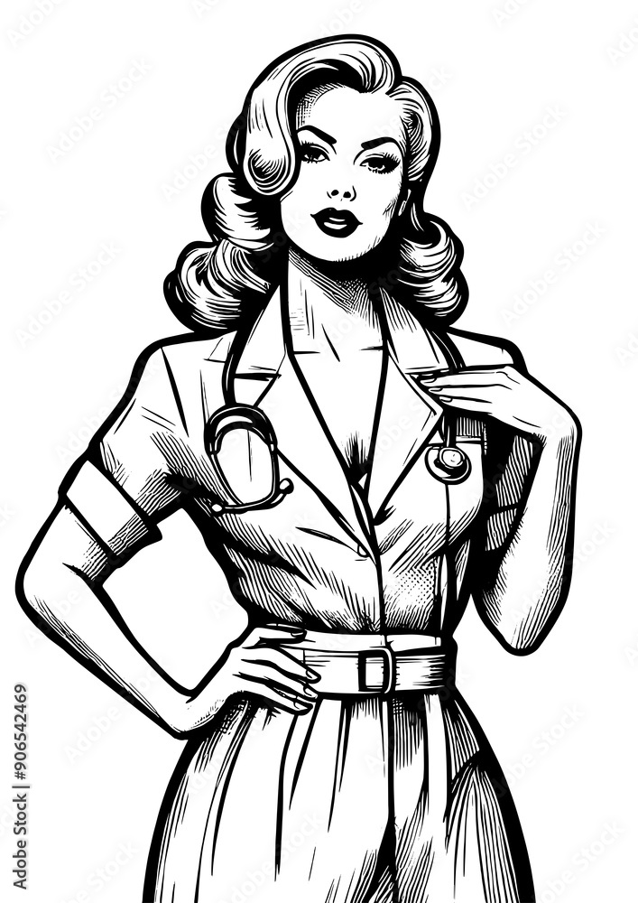 retro nurse in a stylish uniform, featuring playful pose that combines professional attire with vintage charm sketch engraving generative ai PNG illustration. Black and white image. retro nurse in a stylish uniform, featuring playful pose that combines professional attire with vintage charm sketch engraving generative ai PNG illustration. Black and white image.