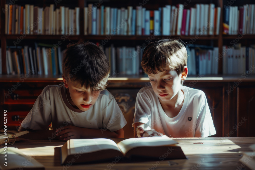 Two young boys intensely focused on reading a book in a warmly lit library, surrounded by shelves full of books. Two young boys intensely focused on reading a book in a warmly lit library, surrounded by shelves full of books.