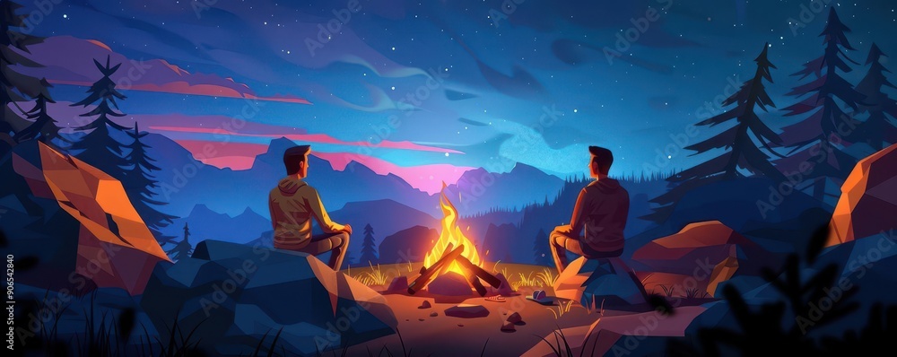 Campfire roadtrippers, flat design, front view, night adventure with friends, animation, vivid, copy space for text Campfire roadtrippers, flat design, front view, night adventure with friends, animation, vivid, copy space for text