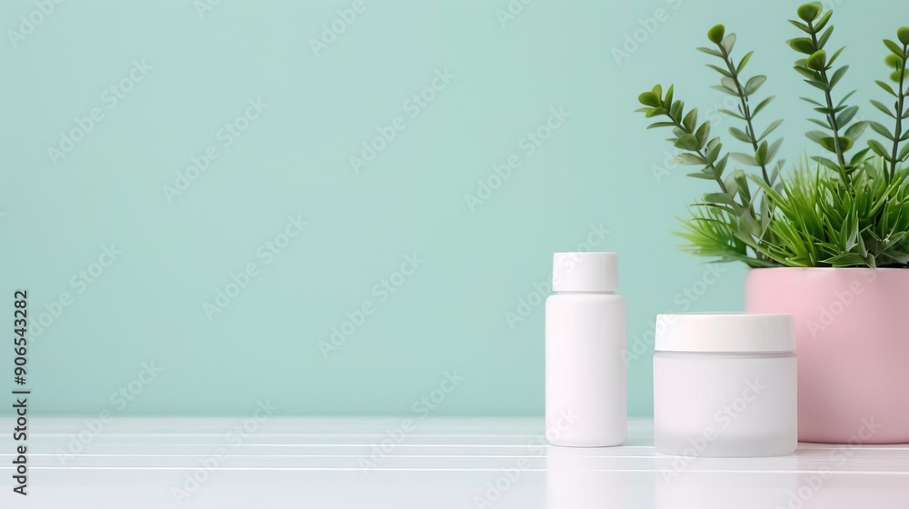 White skincare bottles and jar on a wooden table with a green background and plant. White skincare bottles and jar on a wooden table with a green background and plant.