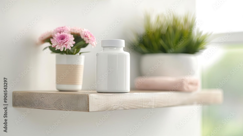 Three ceramic jars with wooden lids, one with pink flowers, on a wooden counter. Three ceramic jars with wooden lids, one with pink flowers, on a wooden counter.