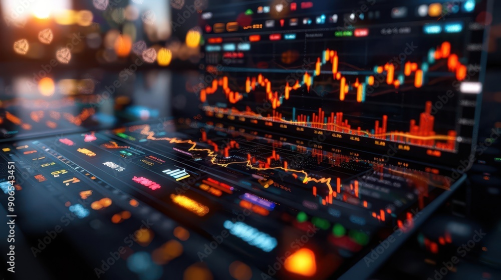 Stock charts showing market trends and financial data, Realism, Cool tones, Digital art Stock charts showing market trends and financial data, Realism, Cool tones, Digital art