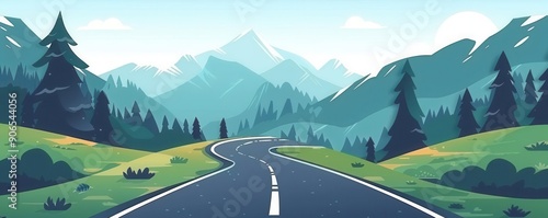 Mountainous roadtrippers, flat design, top view, winding road view, cartoon drawing, splitcomplementary color scheme, copy space for text
