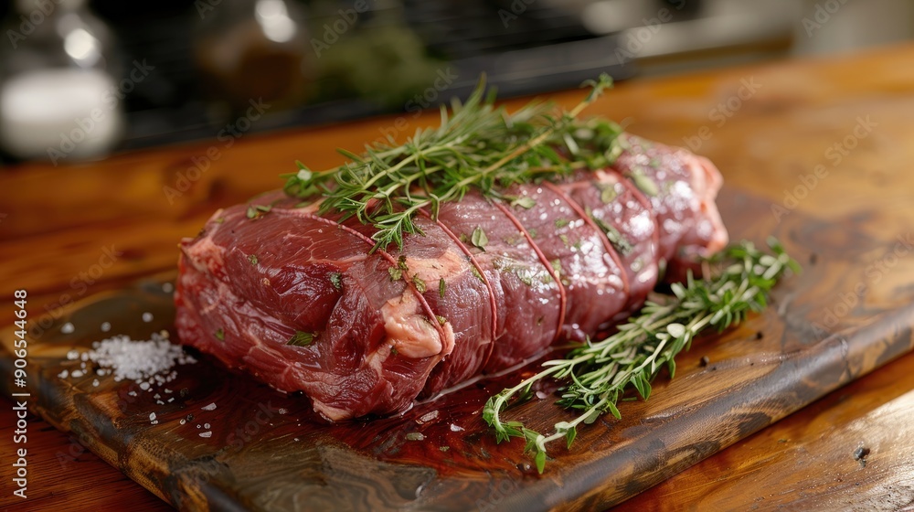 Fresh Chuck Roll Steak with Herbs on Cutting Board Fresh Chuck Roll Steak with Herbs on Cutting Board