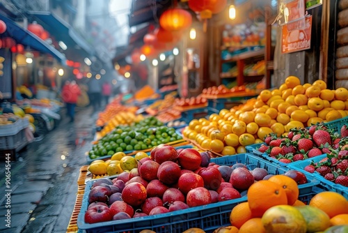 Vibrant market scene with colorful fruits and vegetables, Street photography, Culture