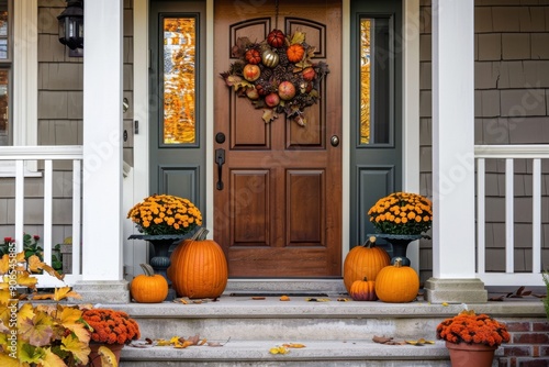 A welcoming porch decorated with pumpkins, mums, and a fall wreath on the door. photo