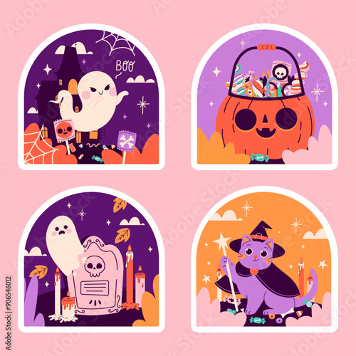 Set of Halloweeen stickers. Happy Halloween greeting card with black cat, pumpkin, skull, candles, ghost. Holiday for kids. Vector illustration in flat style.