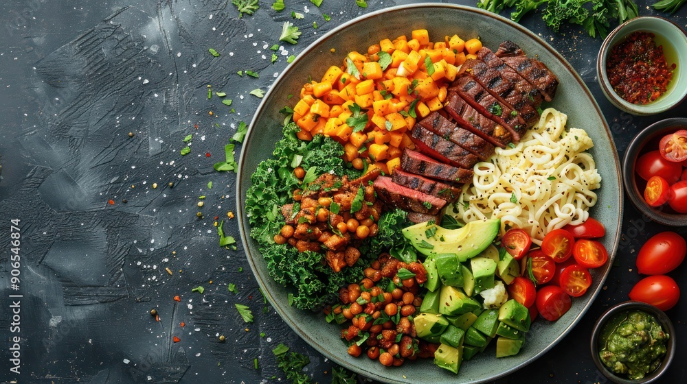 A delicious and healthy grilled meat salad with fresh vegetables. Healthy plant based low carb meal table scene. Cauliflower flatbread and steak, vegetable noodles, kale salads A delicious and healthy grilled meat salad with fresh vegetables. Healthy plant based low carb meal table scene. Cauliflower flatbread and steak, vegetable noodles, kale salads