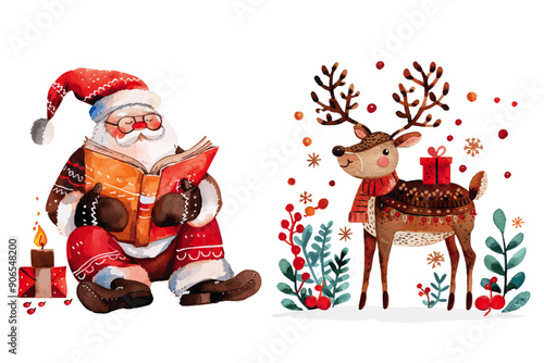Illustration of Santa Claus in a festive outfit reading a book beside a friendly reindeer surrounded by winter plants and gifts. Santa Claus Reading Book Beside Reindeer

