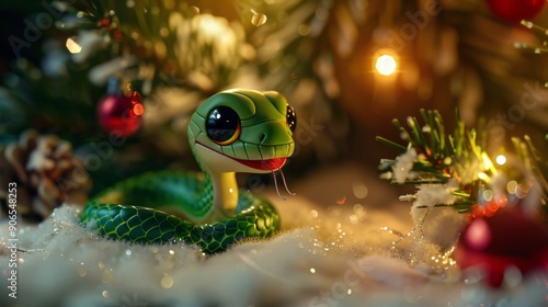 Green little snake is sitting by the Christmas tree, in the style of iconic pop culture caricatures, cute and dreamy