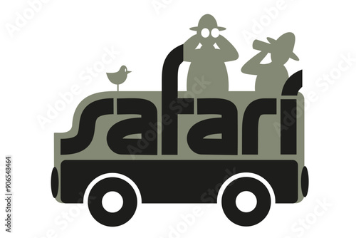 Jeep mit Schriftzug Safari mit Touristen die auf Reisen  Tiere beobachten 