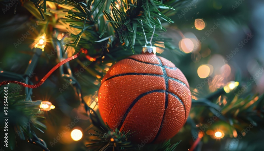 Basketball Ornament Hanging on Christmas Tree With Lights Basketball Ornament Hanging on Christmas Tree With Lights