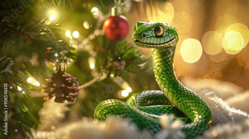 Green little snake is sitting by the Christmas tree, in the style of iconic pop culture caricatures, cute and dreamy