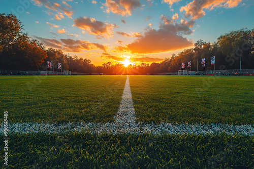Sunset over a soccer field with English and Dutch flags.