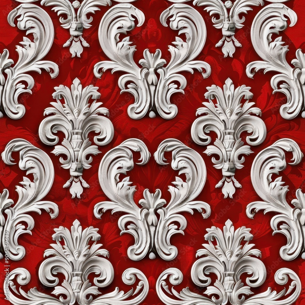 Seamless pattern of baroque scrollwork on red background Seamless pattern of baroque scrollwork on red background