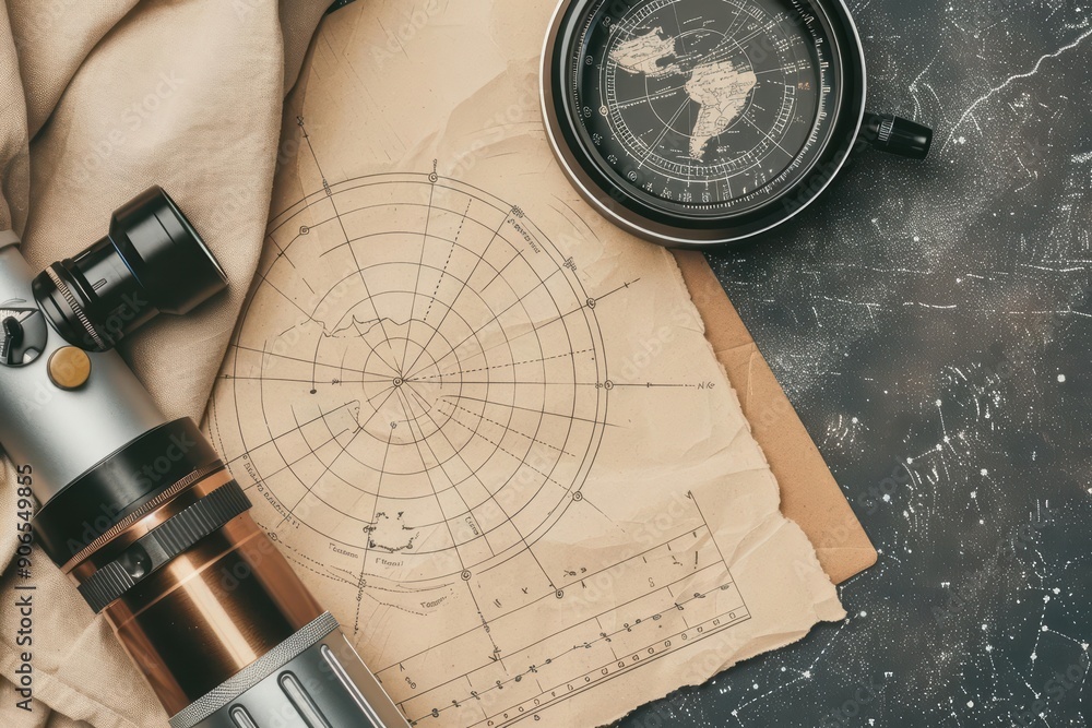 A flat lay of a stargazing night setup with a blank star chart A flat lay of a stargazing night setup with a blank star chart
