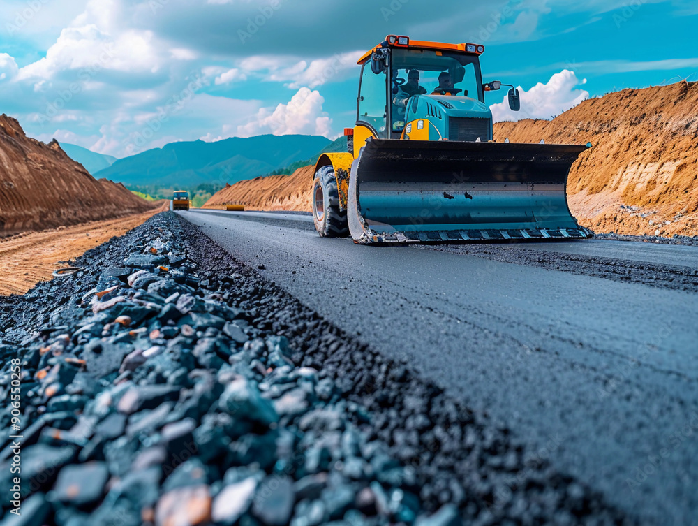 Construction Crew Uses Heavy Machinery to Pave Road Under Bright Blue Sky in Mountainous Region Construction Crew Uses Heavy Machinery to Pave Road Under Bright Blue Sky in Mountainous Region