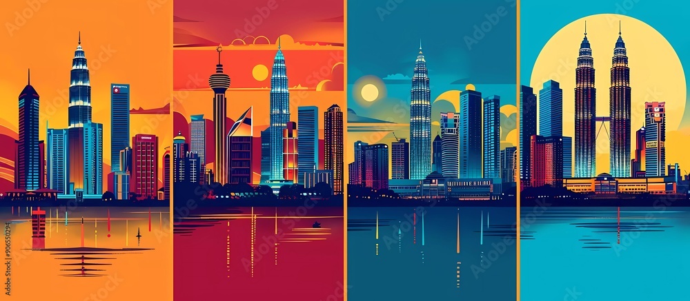 Obraz premium 4 designs of retro poster with kuala lumpur skyline, vector illustration