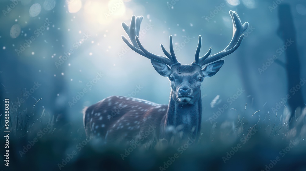 A graceful deer with glowing antlers and sunlight filtering through, wandering through a serene, enchanted glade, ethereal, banner, with copy space A graceful deer with glowing antlers and sunlight filtering through, wandering through a serene, enchanted glade, ethereal, banner, with copy space
