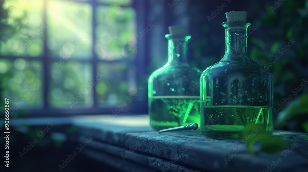 A magical healing clinic with glowing potions A magical healing clinic with glowing potions
