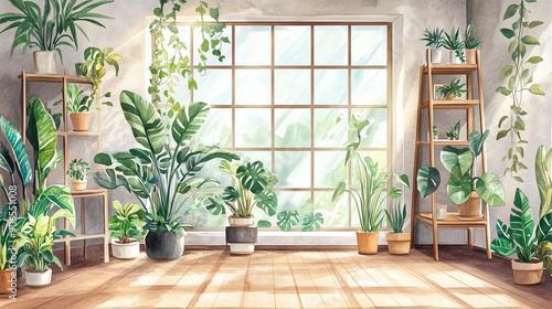 plant in the room, interior of a house, plant in a window, modern living room illustration, watercolor 