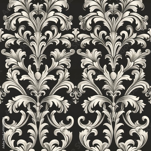 Seamless pattern of baroque scrollwork on black background