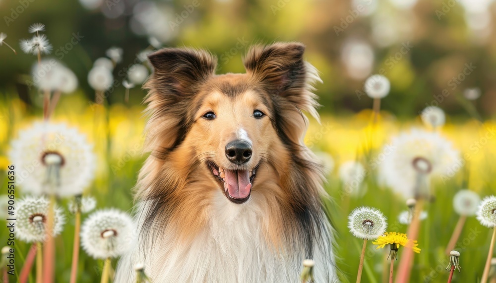 Happy Collie Dog in a Field of Dandelions Happy Collie Dog in a Field of Dandelions
