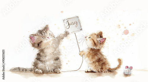 Two cute kittens joyfully holding a sign. Perfect for cat lovers and adorable pet art. photo