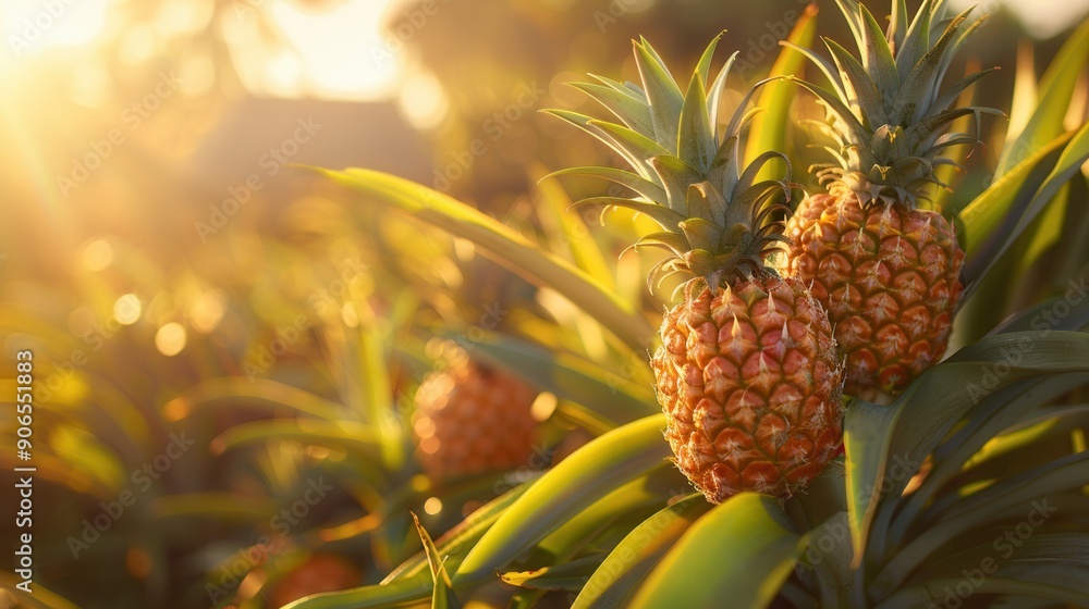 Fresh pineapple fruit growing in plantation field in farm Fresh pineapple fruit growing in plantation field in farm
